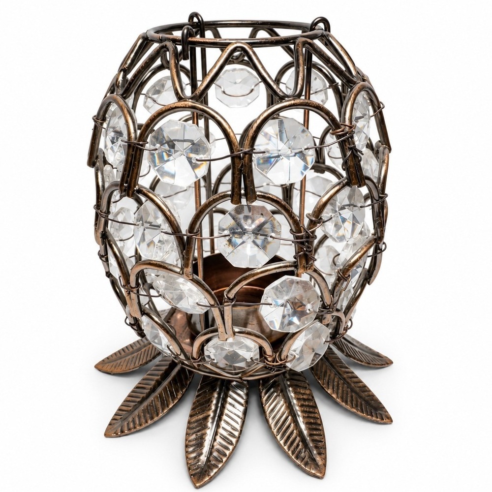 Crystal Votive Candle Holder Bronze Metal Leaf Base Faceted Prisms Boho Decor